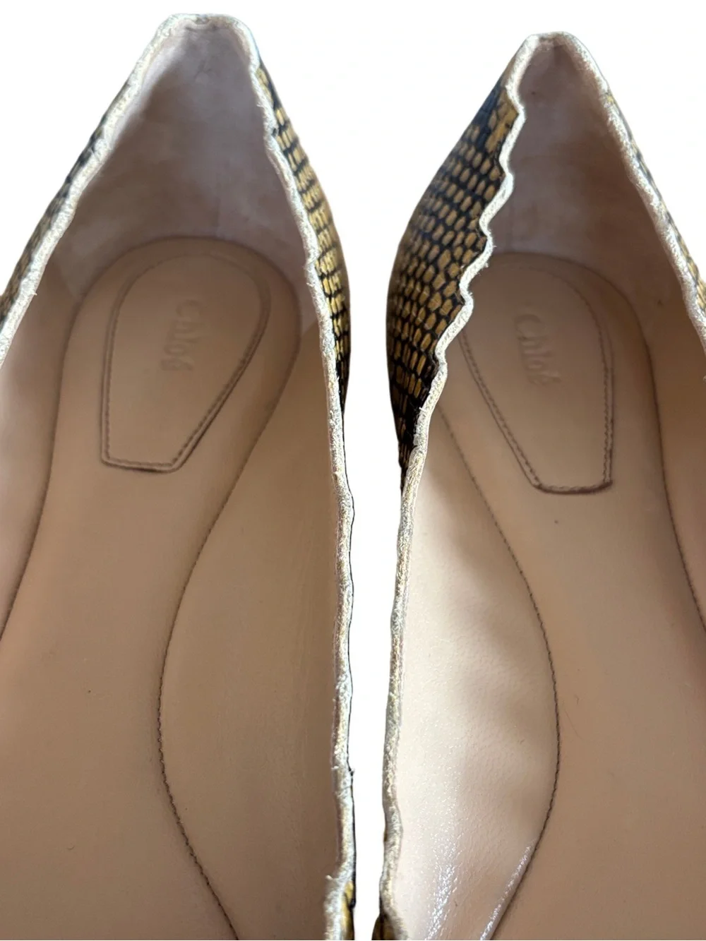 Chloé Lauren Scalloped Snake Print Ballet Flats Yellow Black Leather Designer